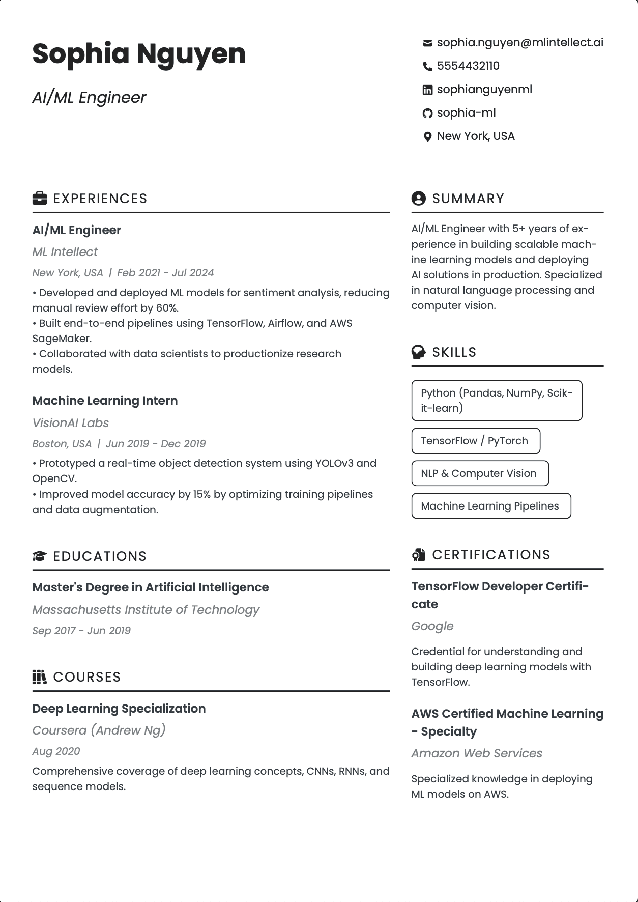 QuickCV Resume Example: AI/ML Engineer