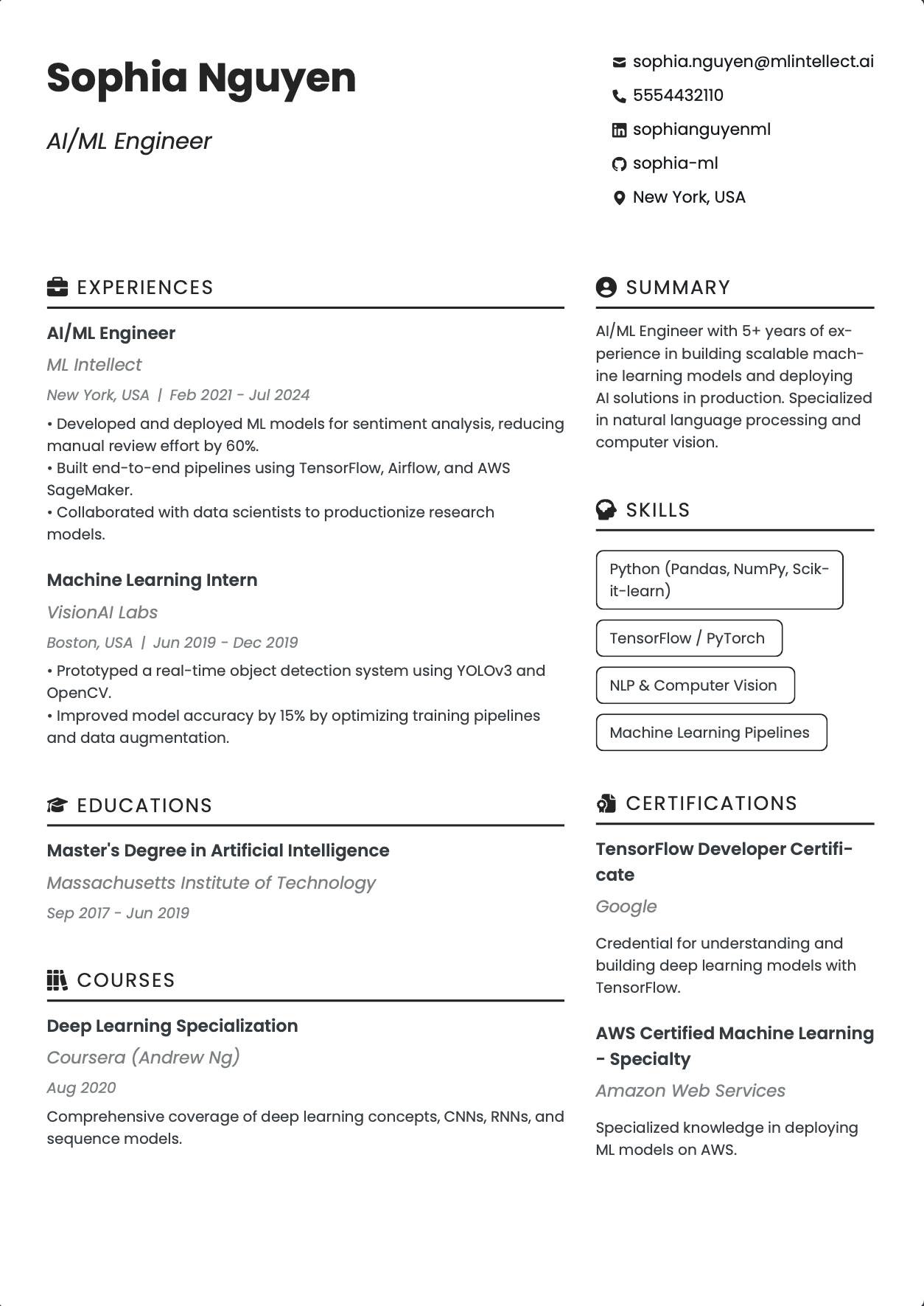 Click to edit AI/ML Engineer resume template ATS-optimized AI/ML Engineer resume template featuring AI ML engineer, machine learning engineer, artificial intelligence engineer skills with professional formatting and measurable achievements