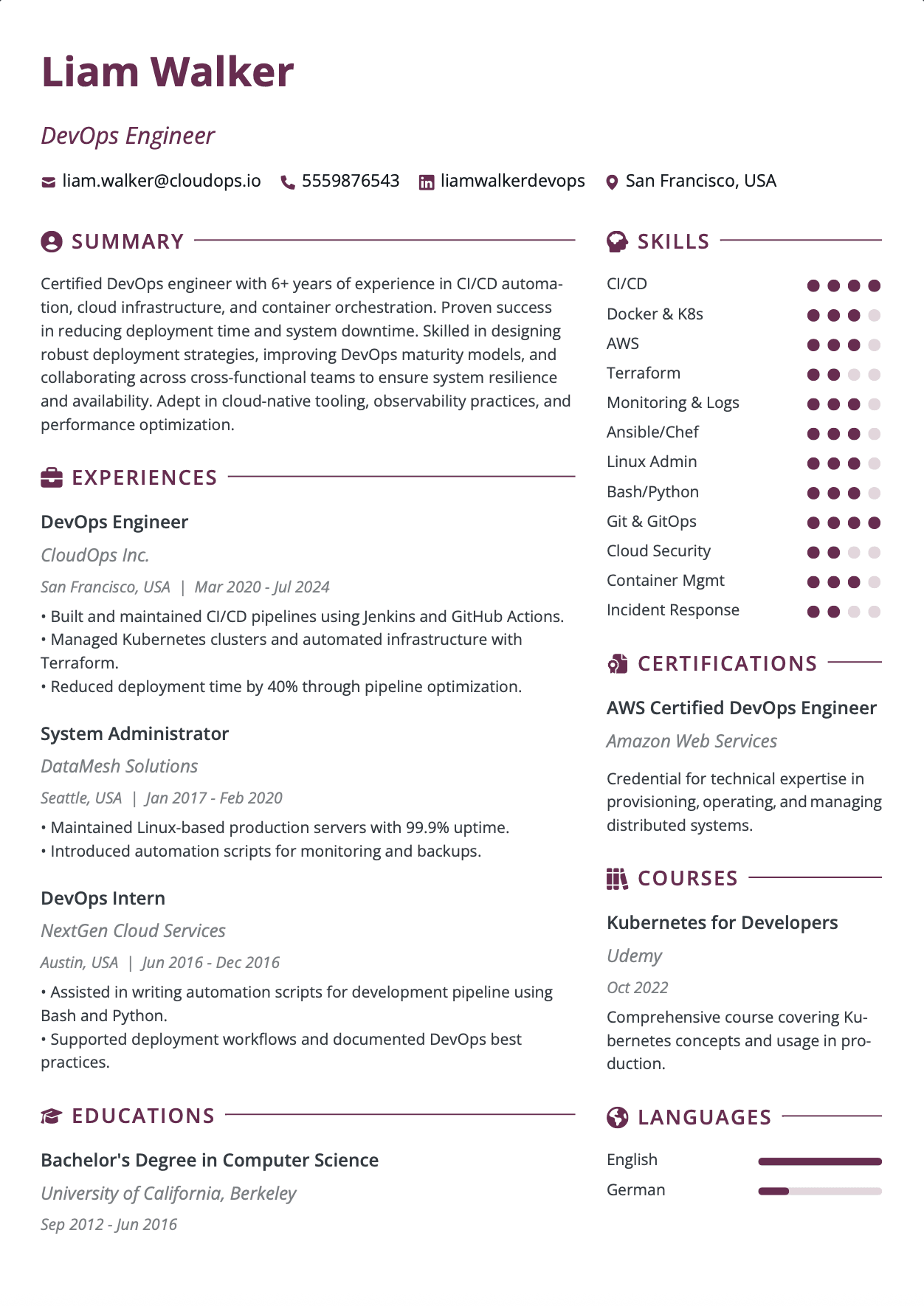 QuickCV Resume Example: DevOps Engineer