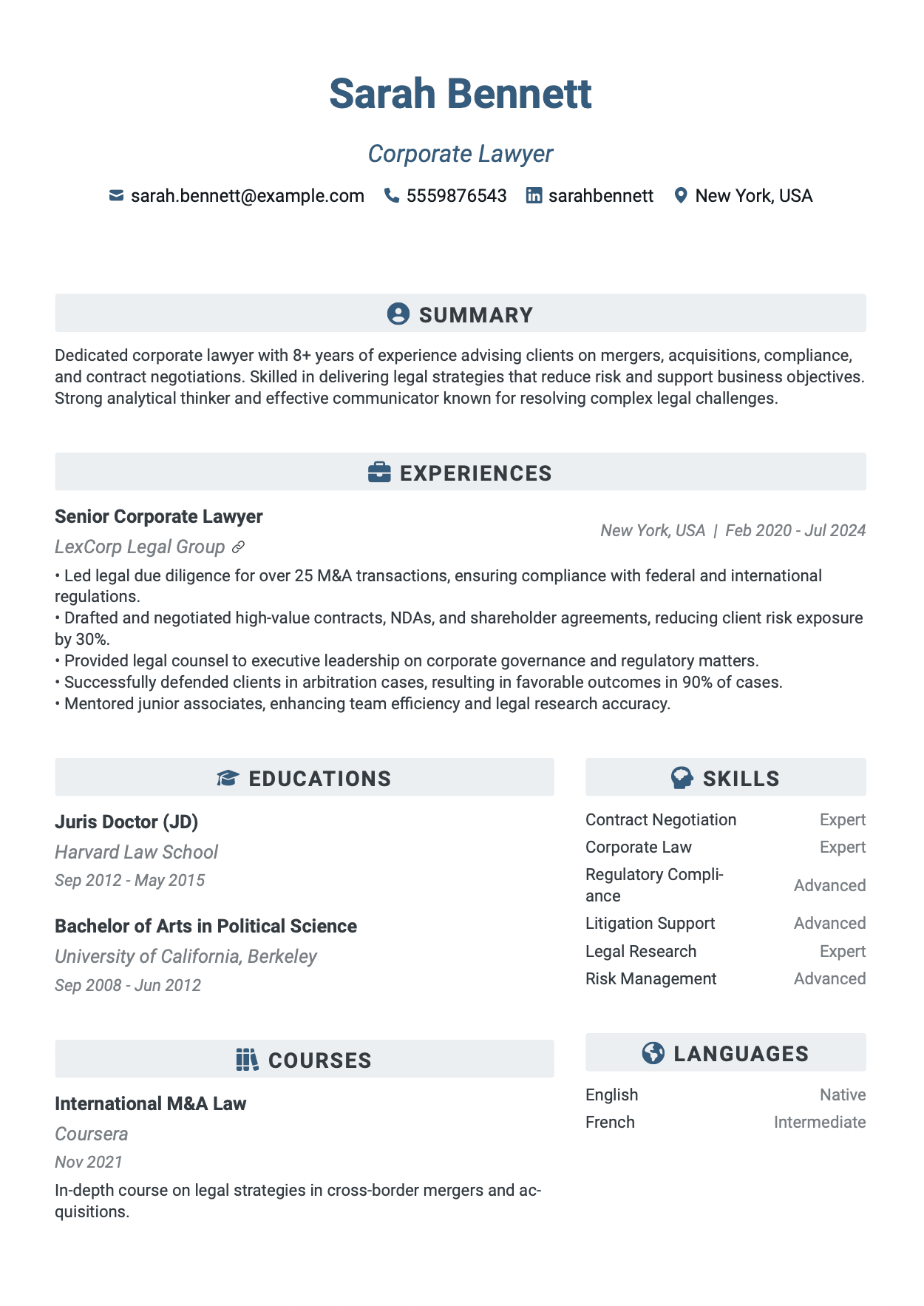 Click to edit Corporate Lawyer resume template ATS-optimized Corporate Lawyer resume template featuring corporate lawyer, corporate attorney, business lawyer skills with professional formatting and measurable achievements