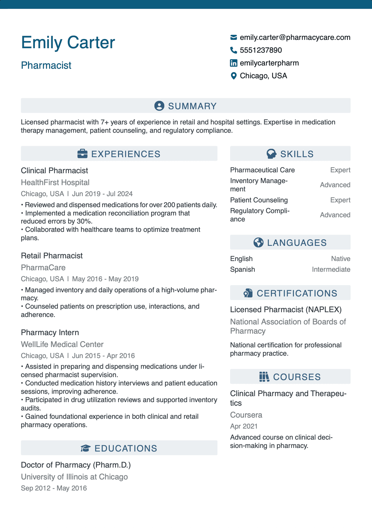 QuickCV Resume Example: Pharmacist