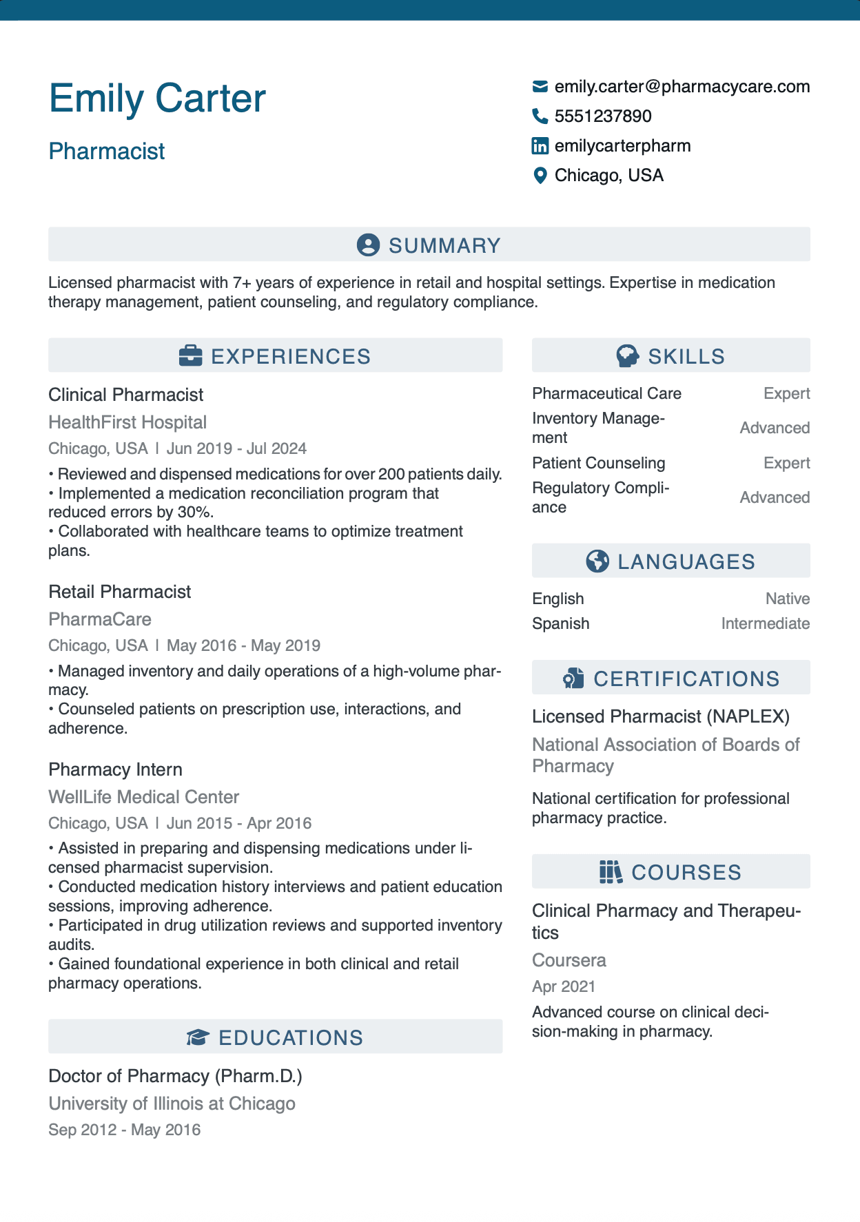 Click to edit Pharmacist resume template ATS-optimized Pharmacist resume template featuring pharmacist, clinical pharmacist, hospital pharmacist skills with professional formatting and measurable achievements