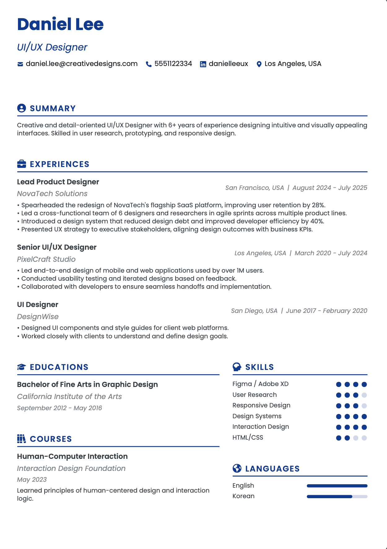 Click to edit UI/UX Designer resume template ATS-optimized UI/UX Designer resume template featuring UI UX designer, user experience designer, product designer skills with professional formatting and measurable achievements