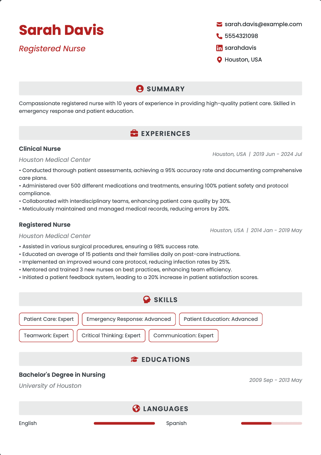 QuickCV Resume Example: Registered Nurse