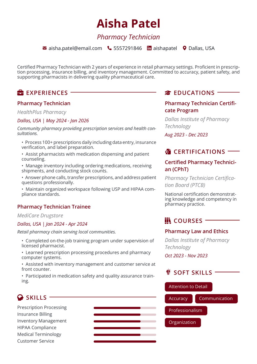 Professional Aisha Patel - Pharmacy Technician resume template - ATS friendly