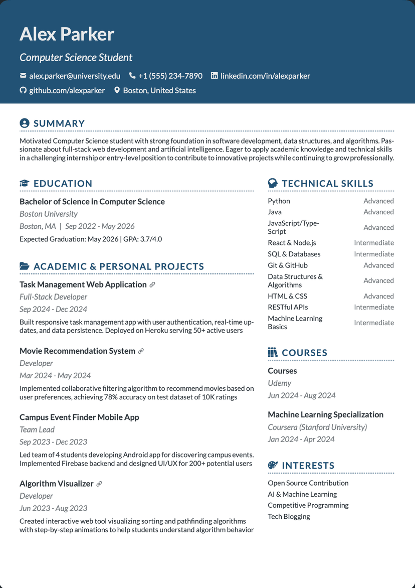 QuickCV - Resume Template Alex Parker - Computer Science Student
