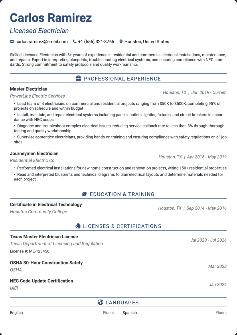 QuickCV - Resume Example: Licensed Electrician