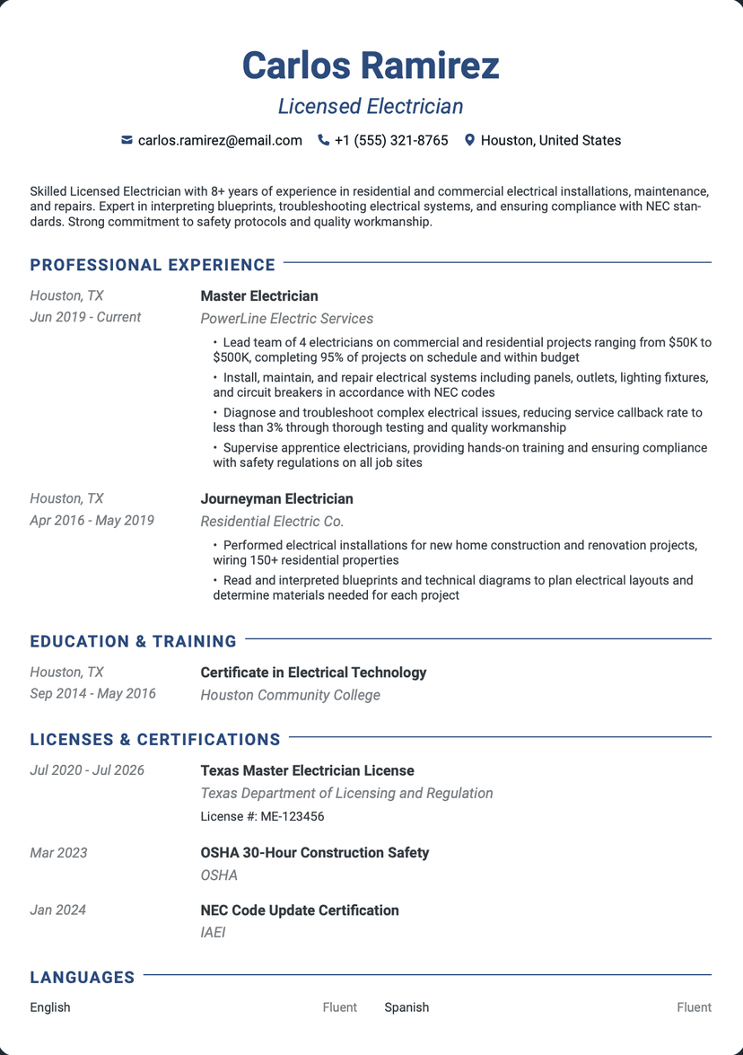 QuickCV - Resume Template Carlos Ramirez - Licensed Electrician