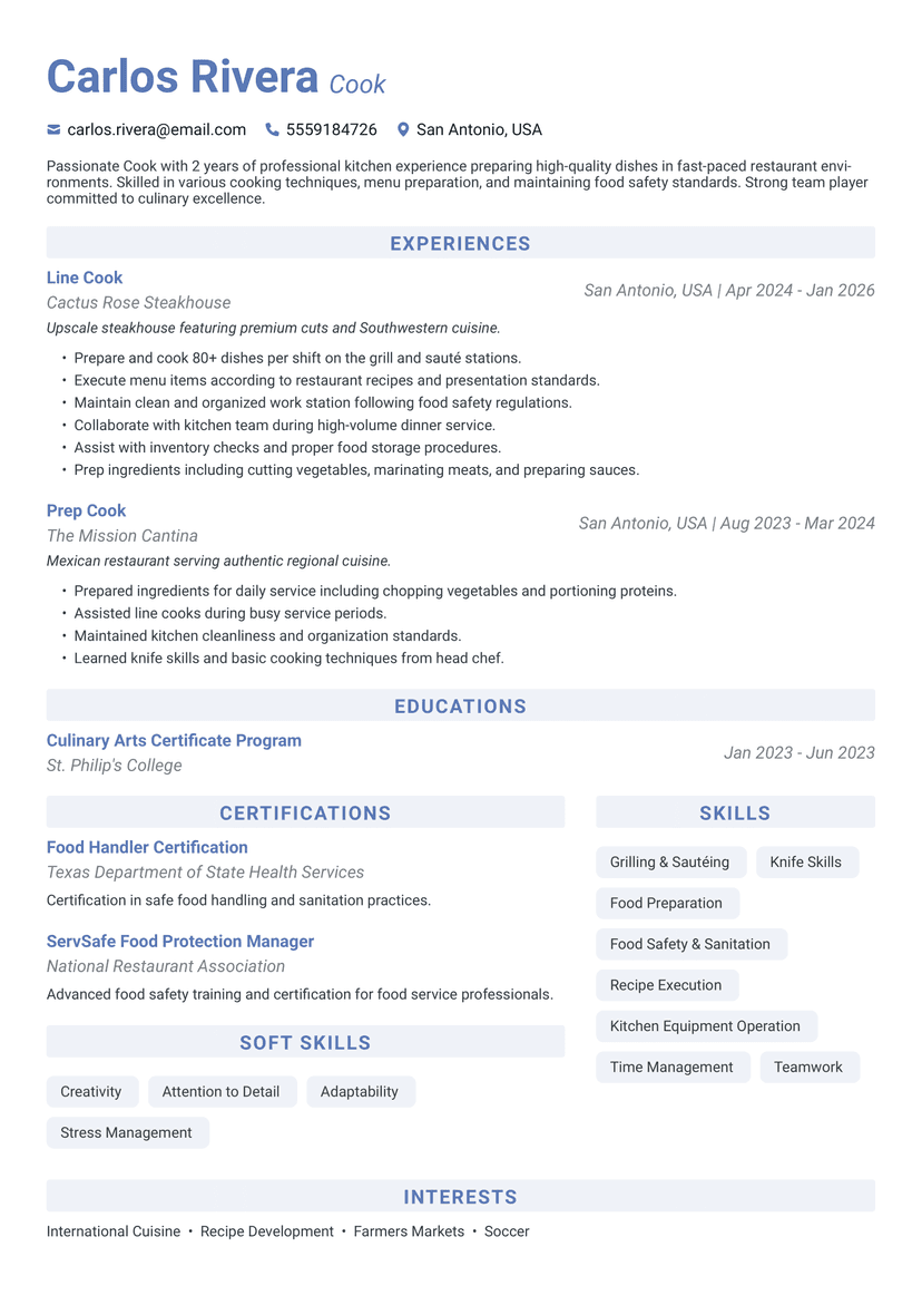 Professional Carlos Rivera - Cook resume template - ATS friendly