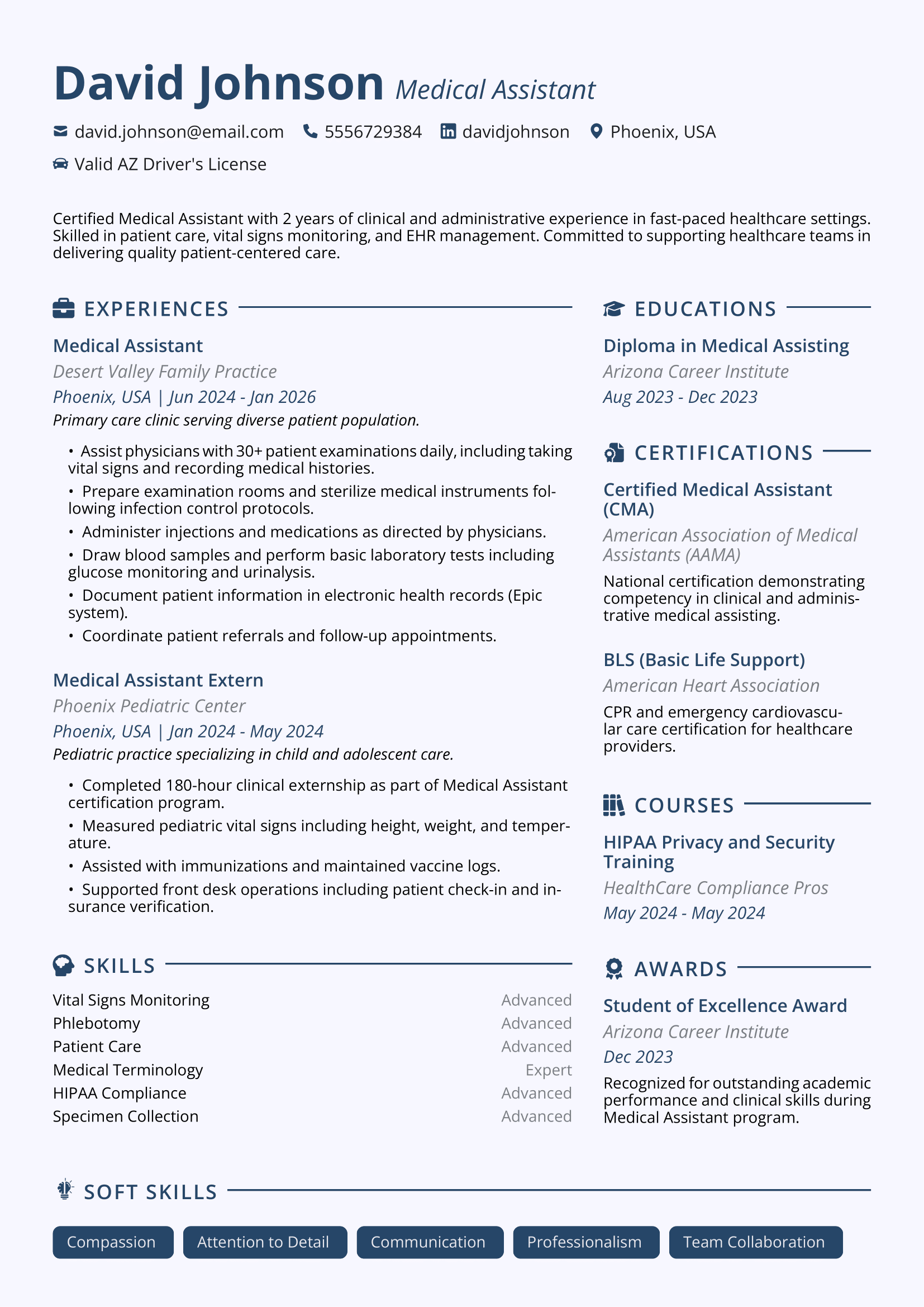 Medical Assistant Resume Template Professional Medical Assistant resume example with ATS-friendly formatting