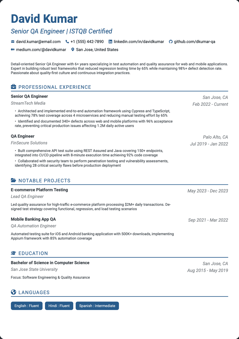 QuickCV - Resume Template David Kumar - Senior QA Engineer