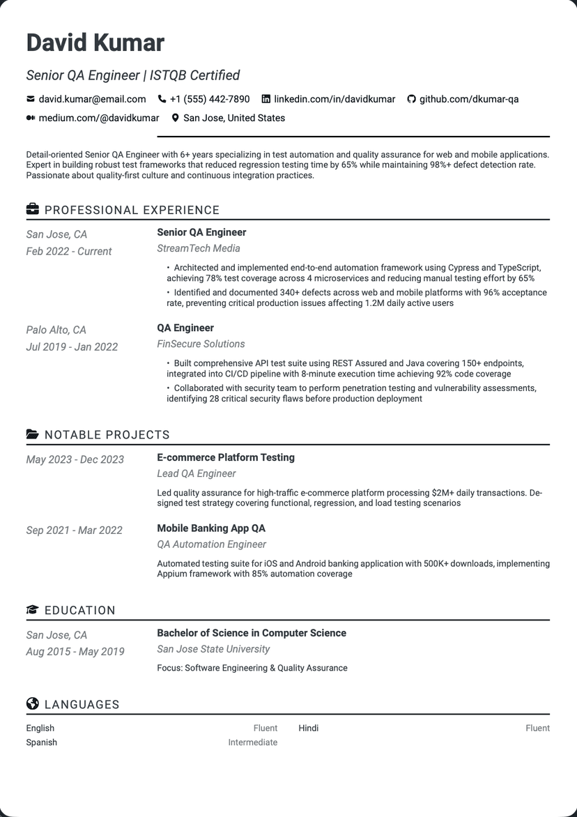 QuickCV - Resume Example: Senior QA Engineer