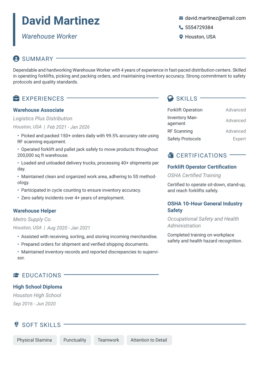 Professional David Martinez - Warehouse Worker resume template - ATS friendly