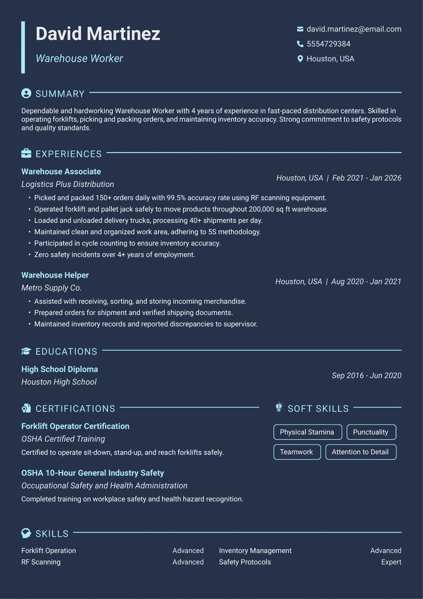 Professional David Martinez - Warehouse Worker resume template - ATS friendly