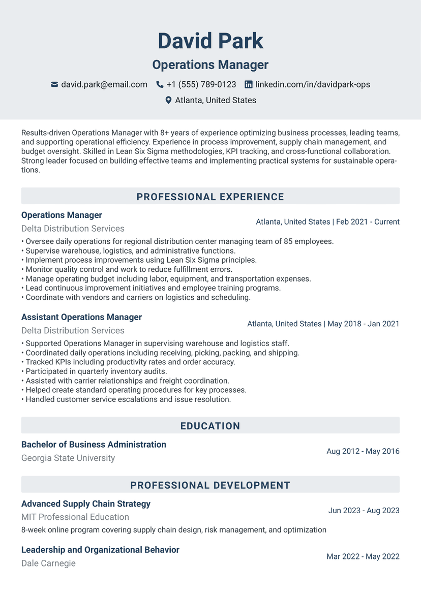 Professional David Park - Operations Manager resume template - ATS friendly