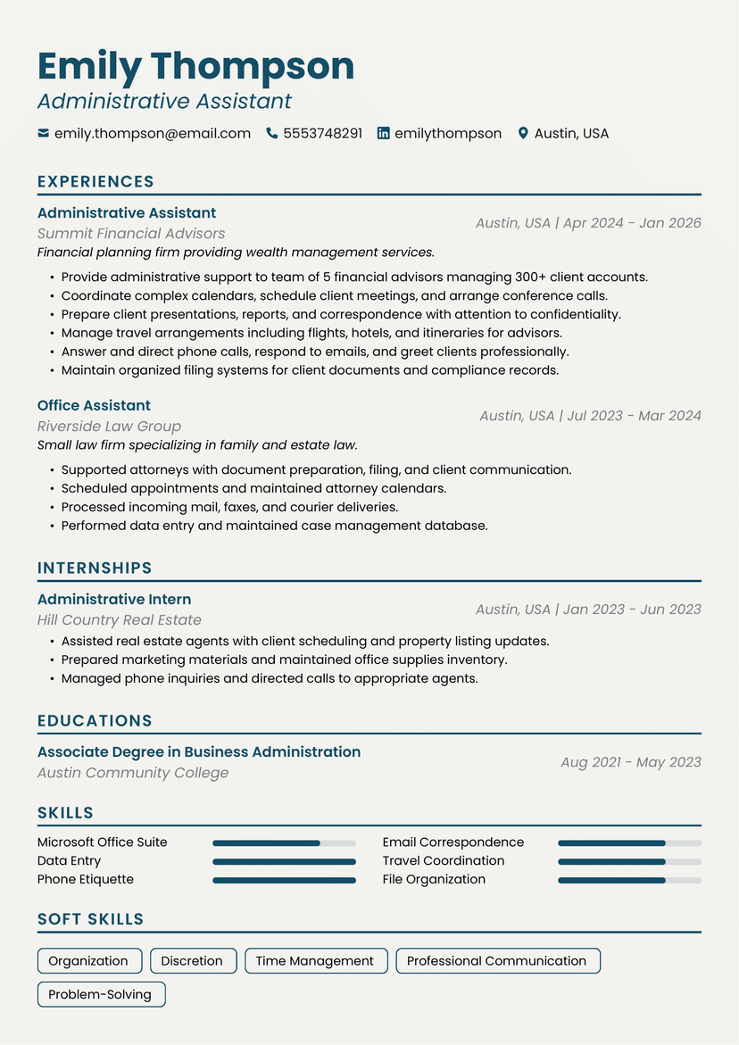Professional Emily Thompson - Administrative Assistant resume template - ATS friendly