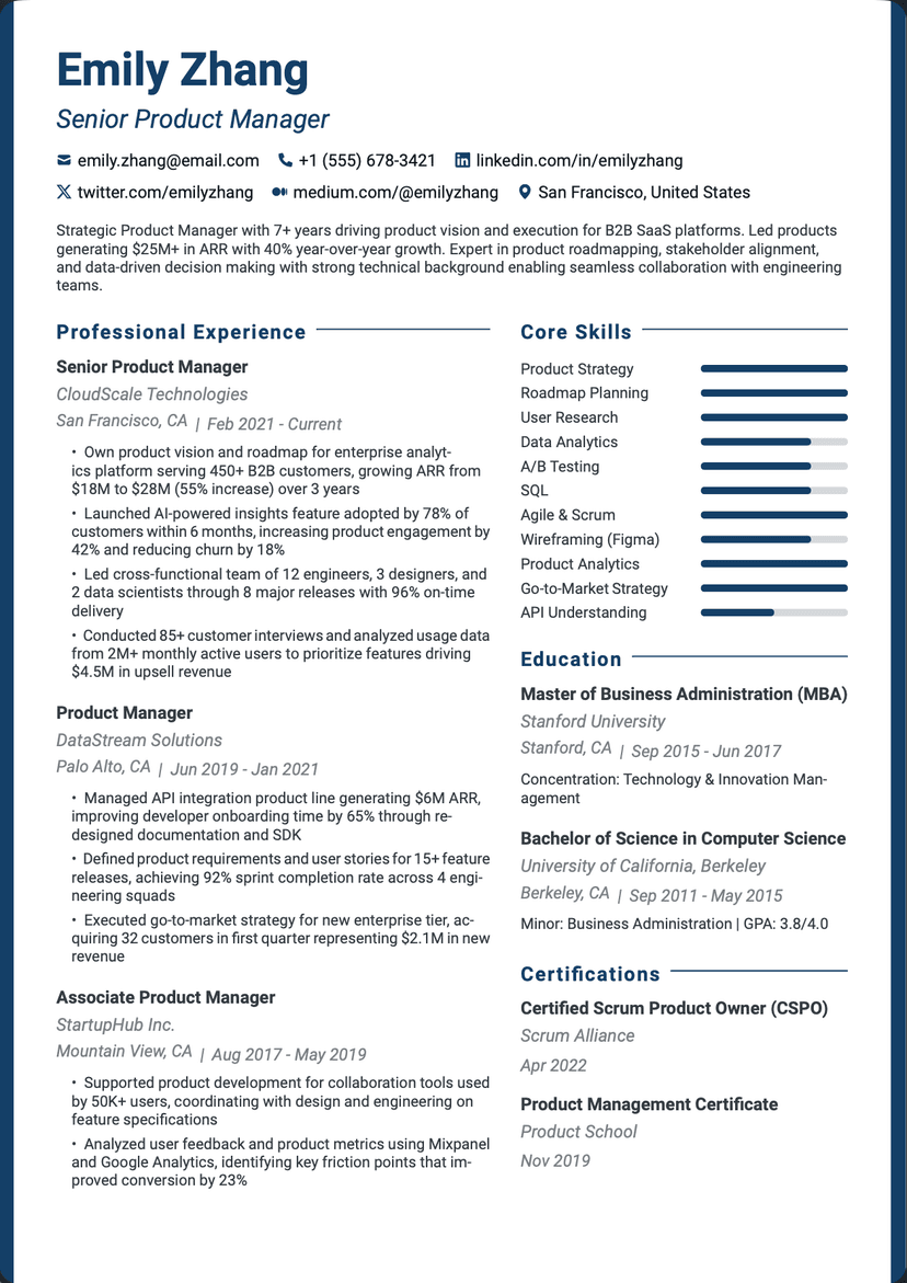 QuickCV - Resume Template Emily Zhang - Senior Product Manager