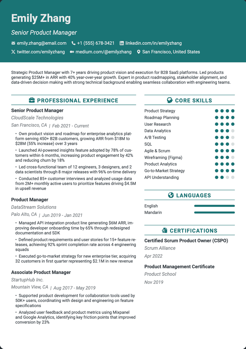 QuickCV - Resume Template Emily Zhang - Senior Product Manager