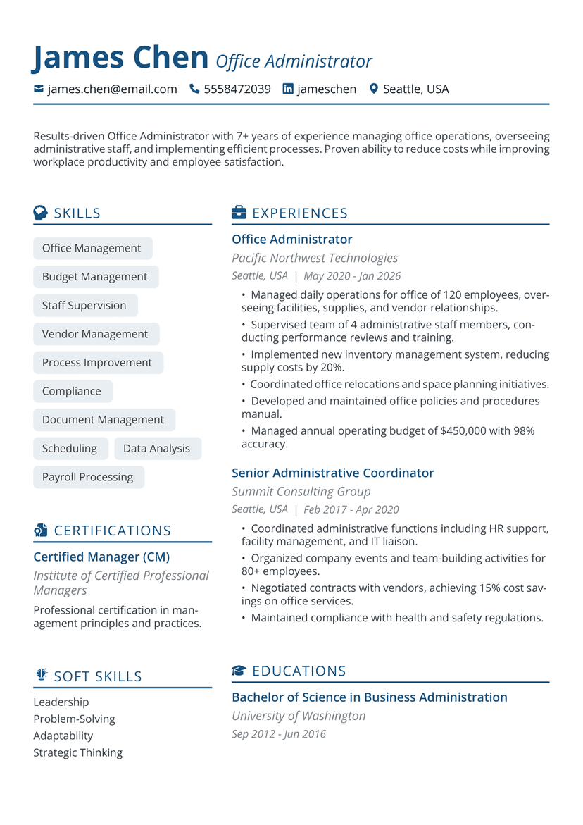 Professional James Chen - Office Administrator resume template - ATS friendly