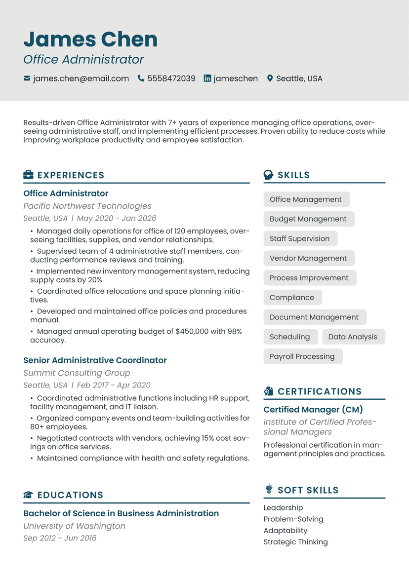 Professional James Chen - Office Administrator resume template - ATS friendly