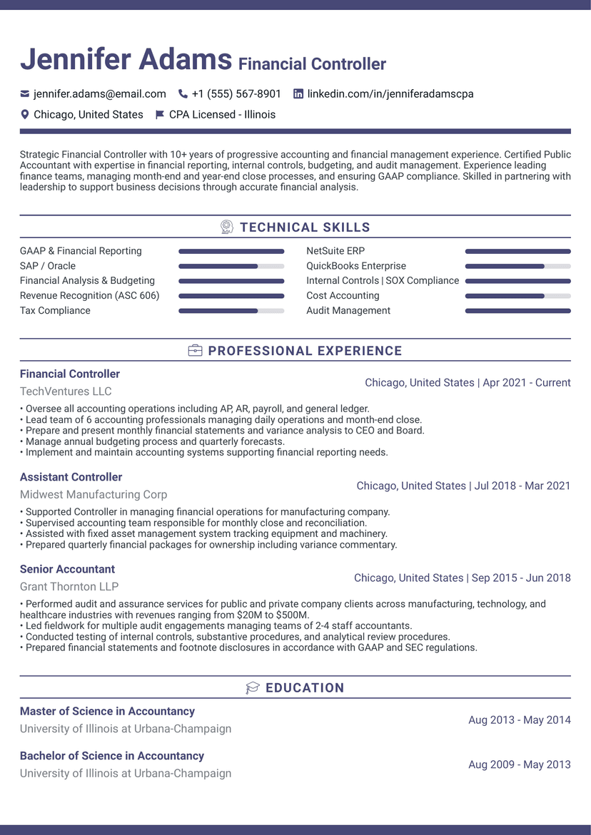 Professional Jennifer Adams - Financial Controller resume template - ATS friendly