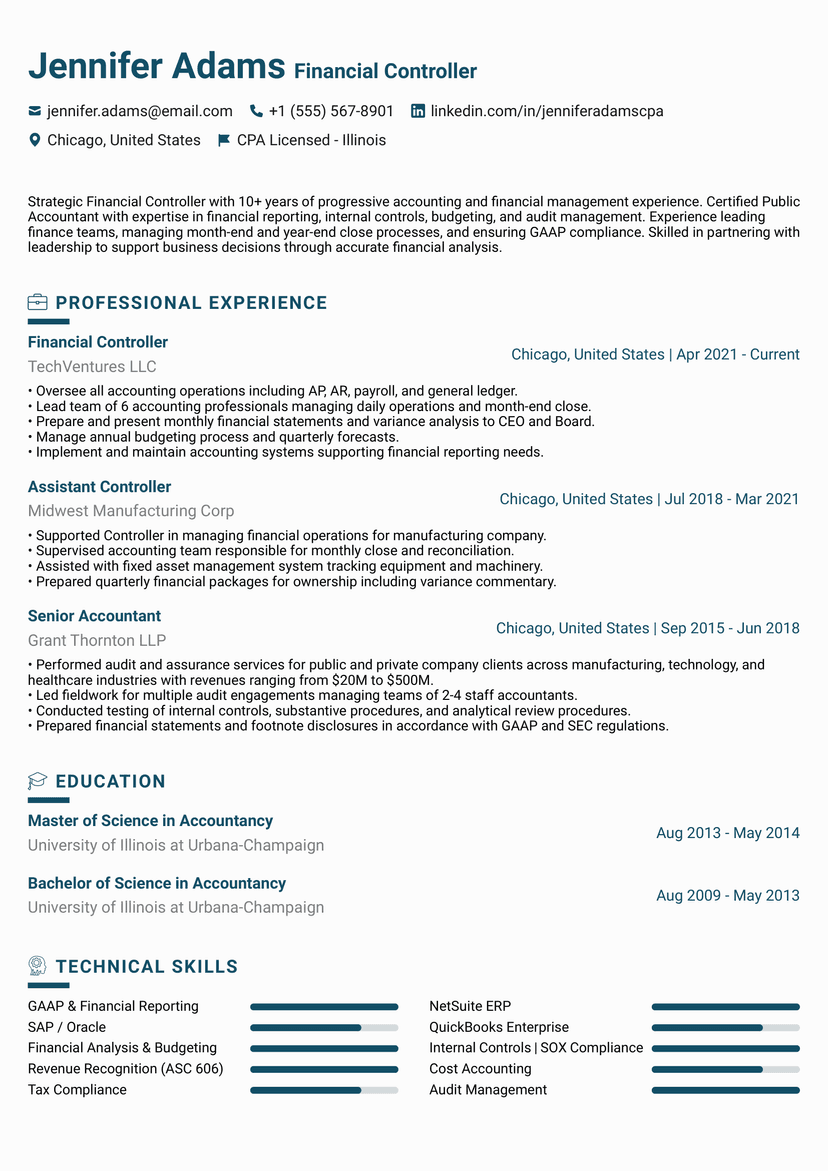 Professional Jennifer Adams - Financial Controller resume template - ATS friendly