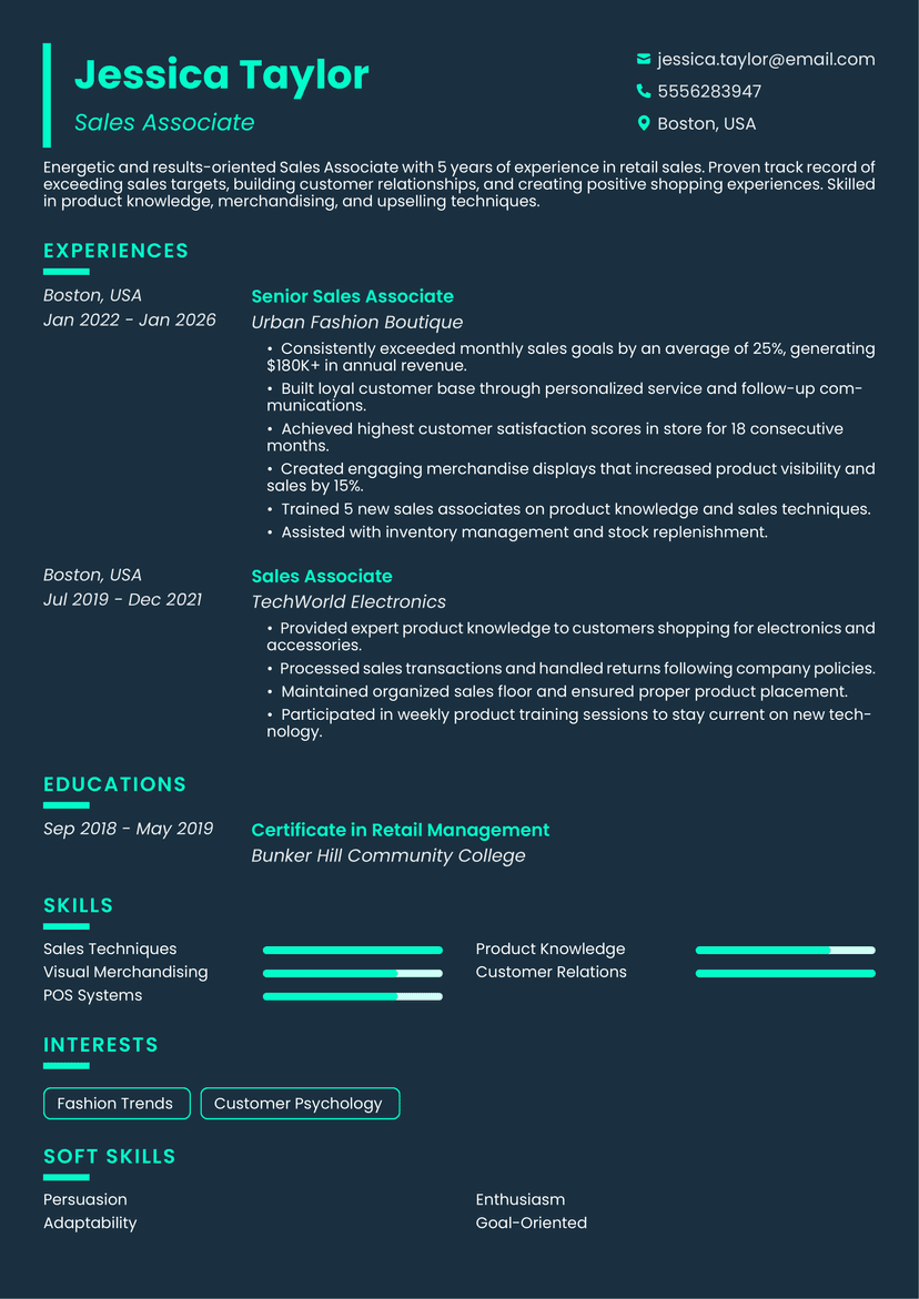 Professional Jessica Taylor - Sales Associate resume template - ATS friendly