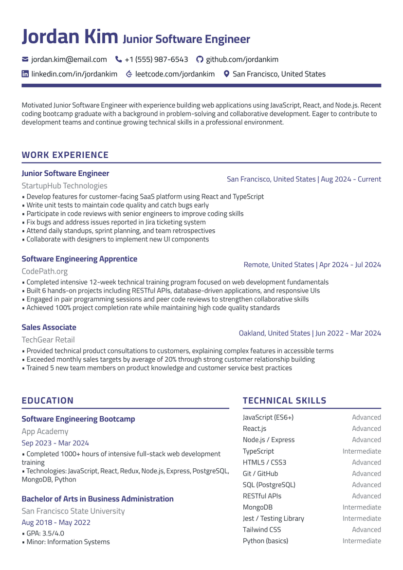 Professional Jordan Kim - Junior Software Engineer resume template - ATS friendly