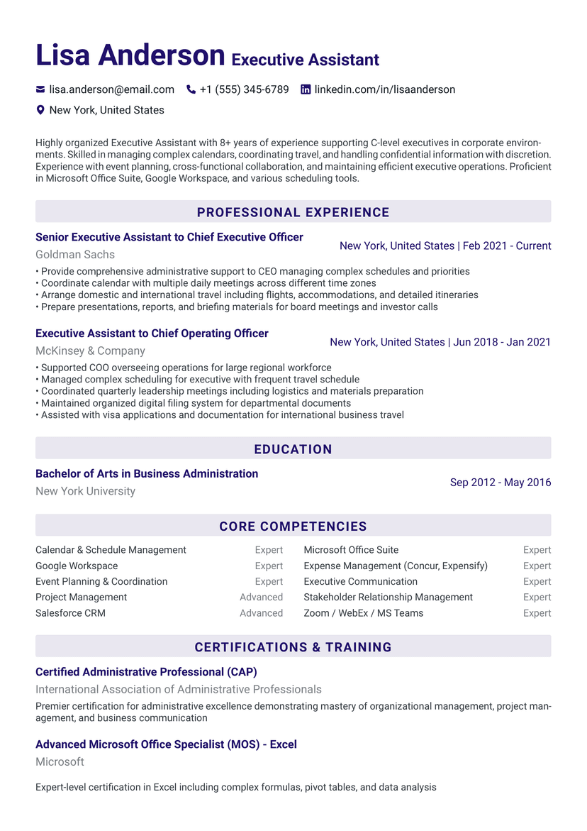 Professional Lisa Anderson - Executive Assistant resume template - ATS friendly