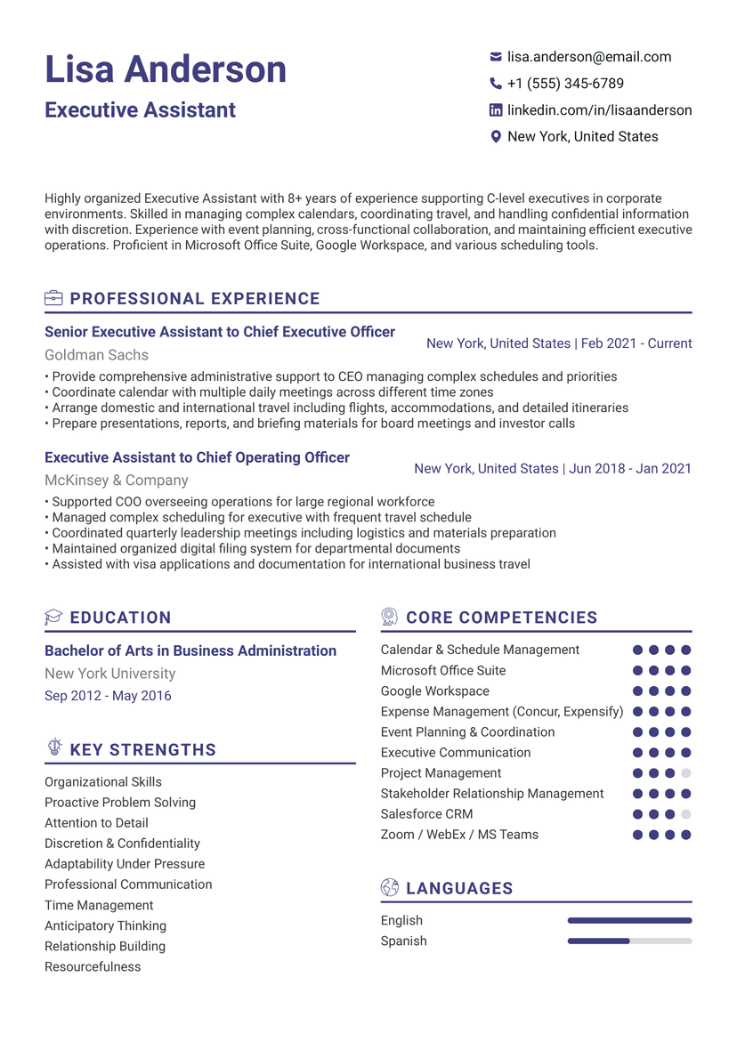 Professional Lisa Anderson - Executive Assistant resume template - ATS friendly