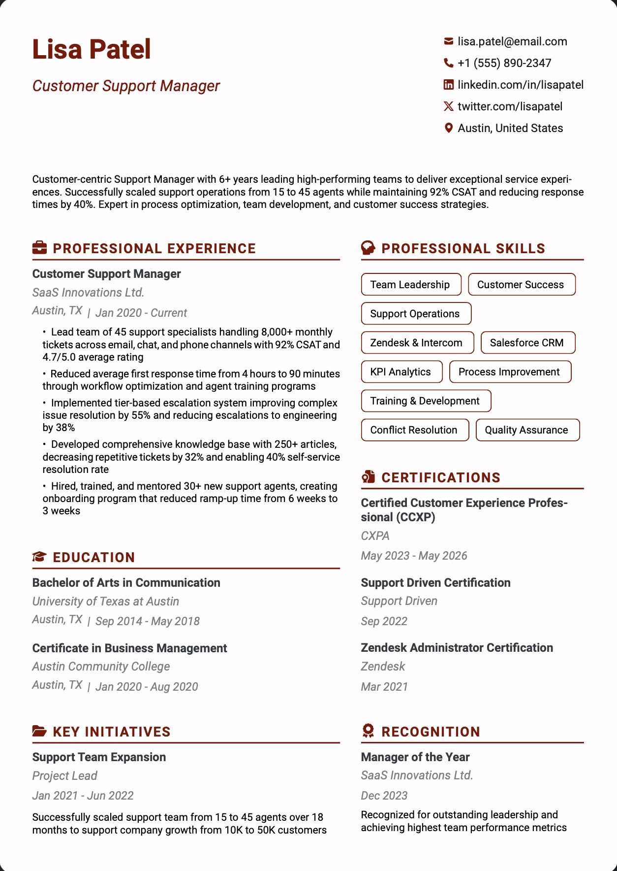 QuickCV Resume Example: Customer Support Manager