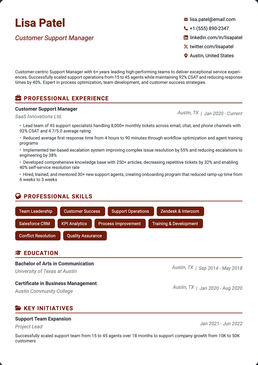QuickCV - Resume Template Lisa Patel - Customer Support Manager