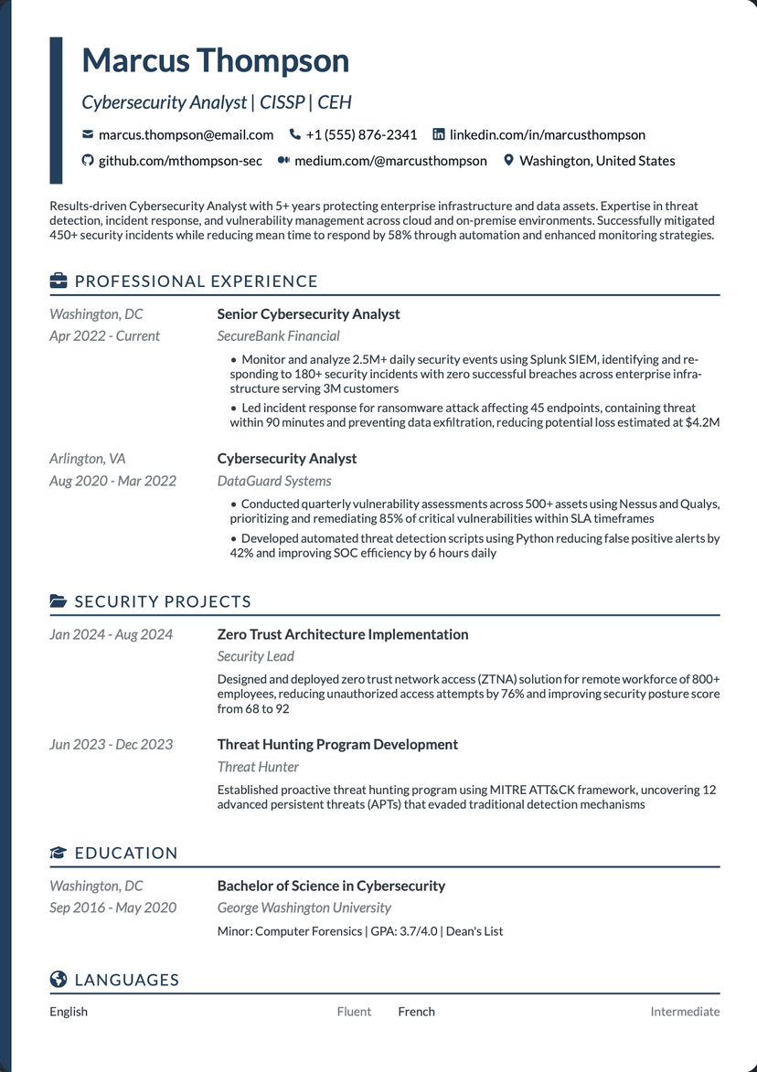QuickCV - Resume Template Marcus Thompson - Cybersecurity Analyst