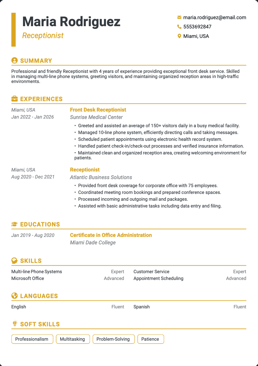 Professional Maria Rodriguez - Receptionist resume template - ATS friendly