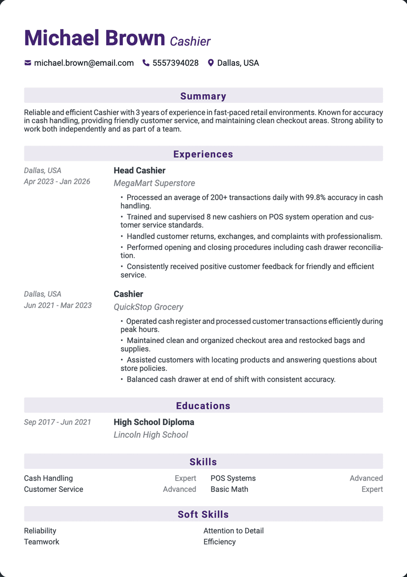 Professional Michael Brown - Cashier resume template - ATS friendly