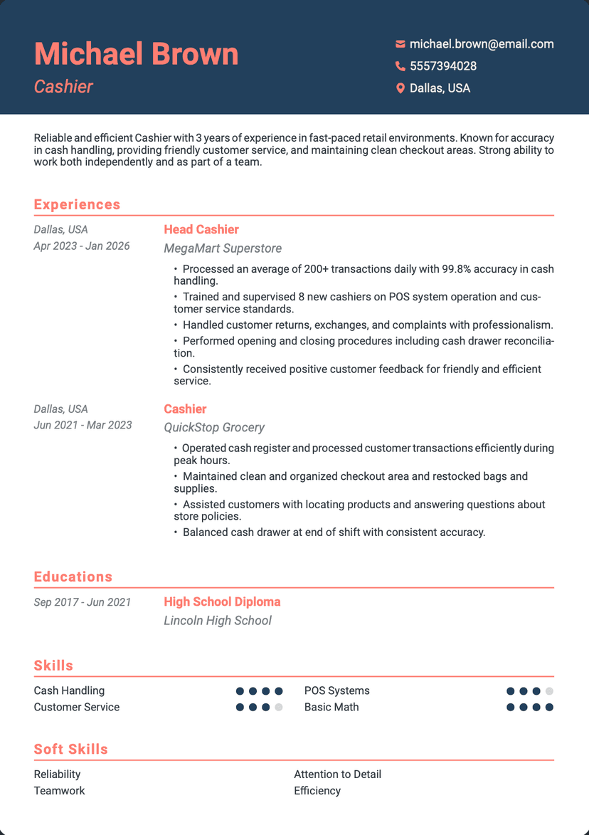 Professional Michael Brown - Cashier resume template - ATS friendly