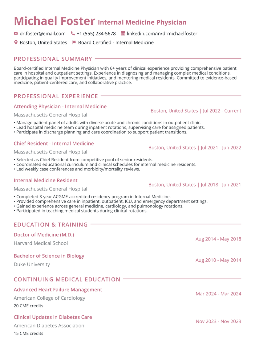Professional Dr. Michael Foster - Physician resume template - ATS friendly