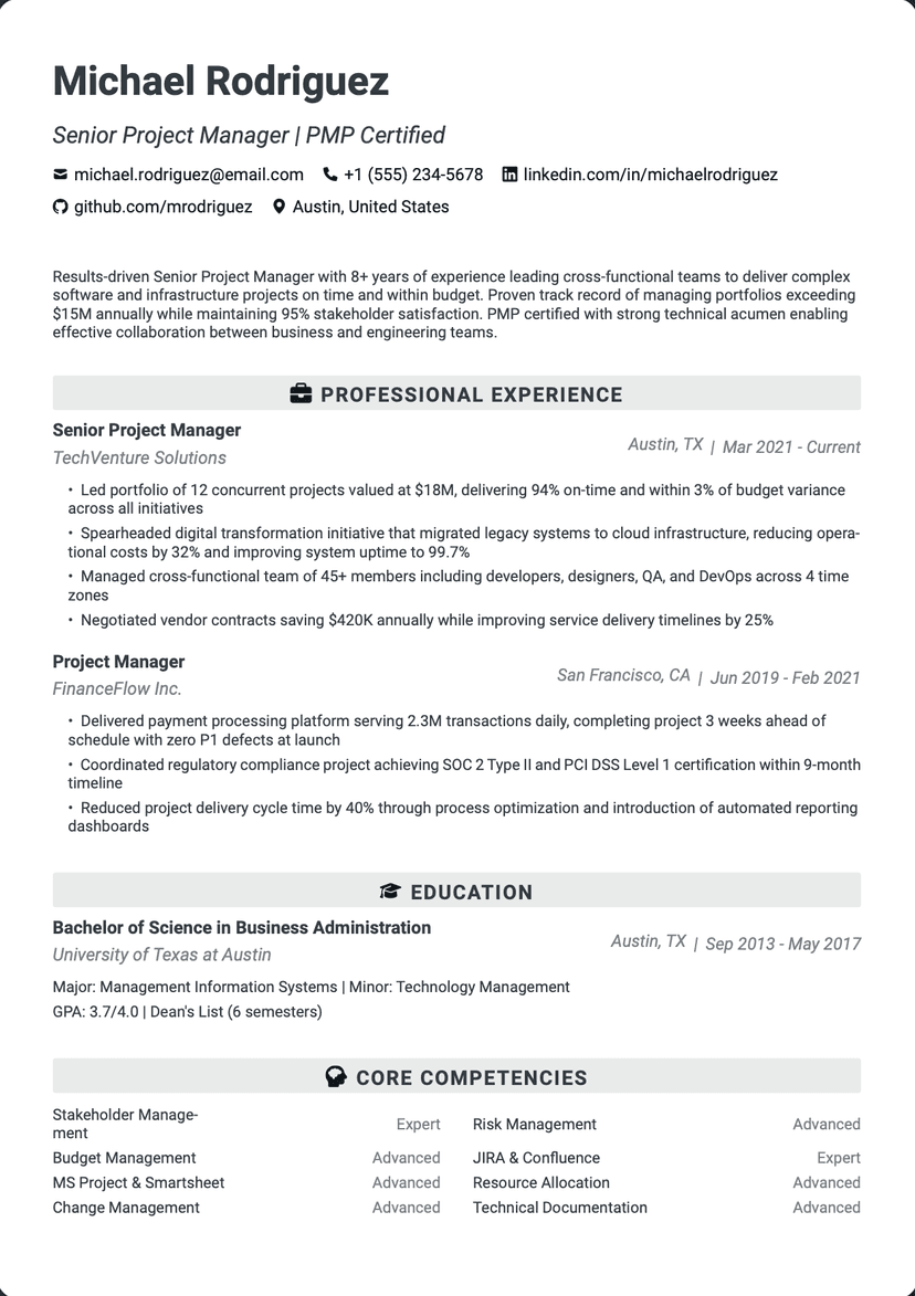 QuickCV - Resume Template Michael Rodriguez - Senior Project Manager