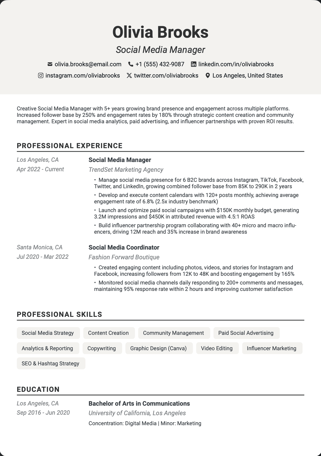 QuickCV Resume Example: Social Media Manager