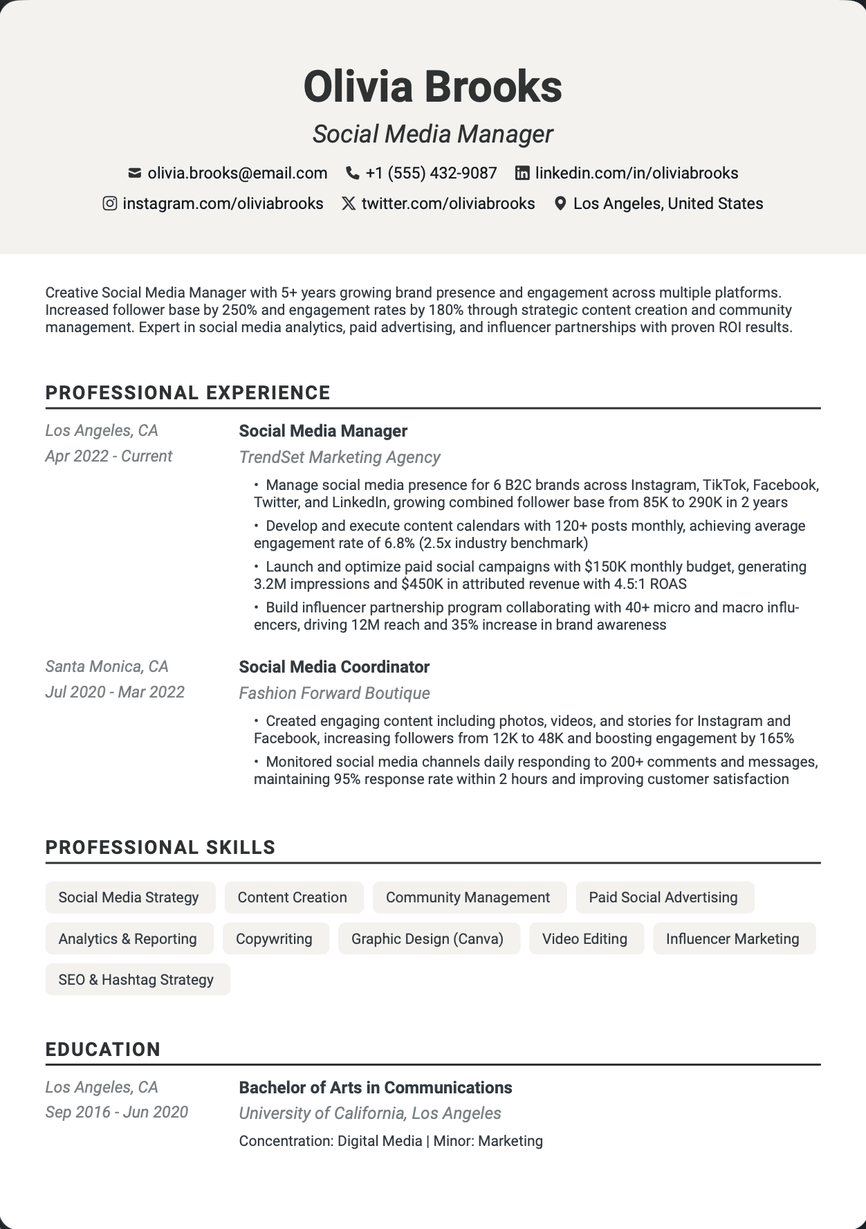 Click to edit Social Media Manager resume template ATS-optimized Social Media Manager resume template featuring social media manager, social media marketing, digital marketing skills with professional formatting and measurable achievements