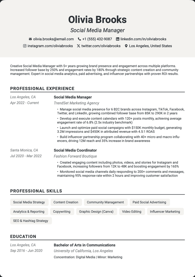 QuickCV - Resume Example: Social Media Manager