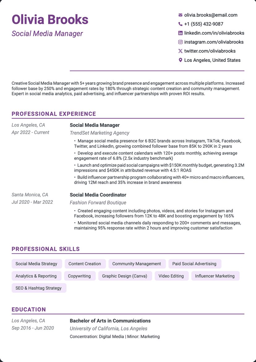 QuickCV - Resume Template Olivia Brooks - Social Media Manager