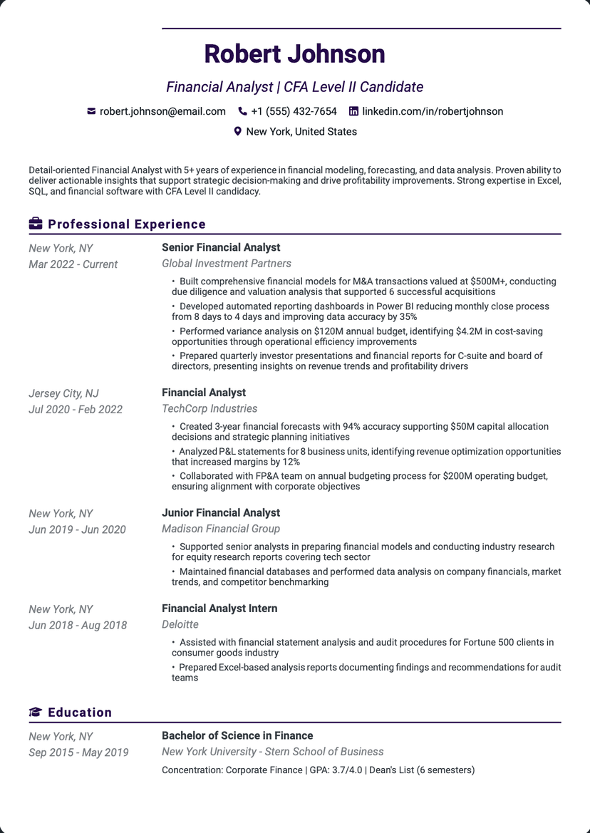 QuickCV - Resume Template Robert Robert - Financial Analyst