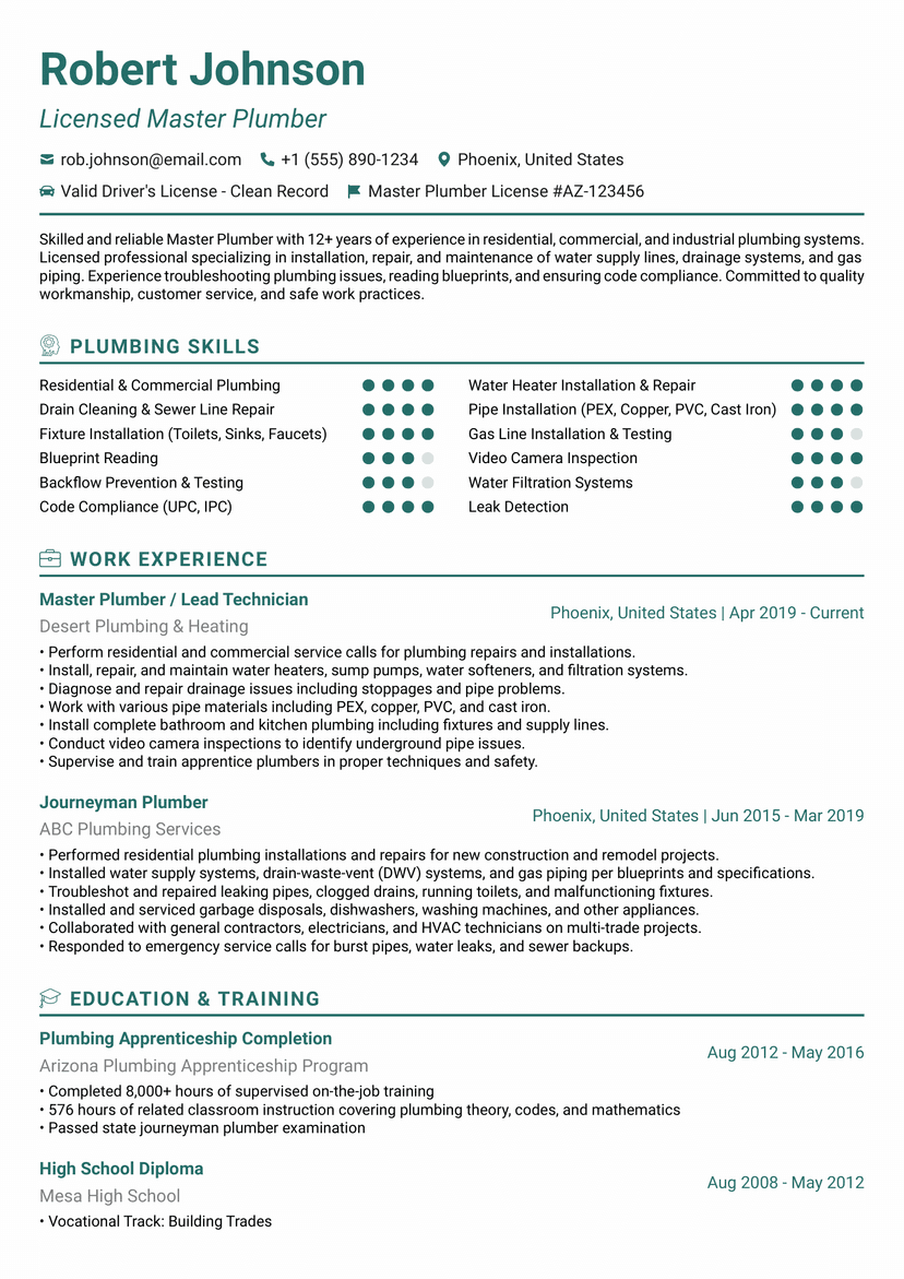 Professional Robert Johnson - Licensed Plumber resume template - ATS friendly