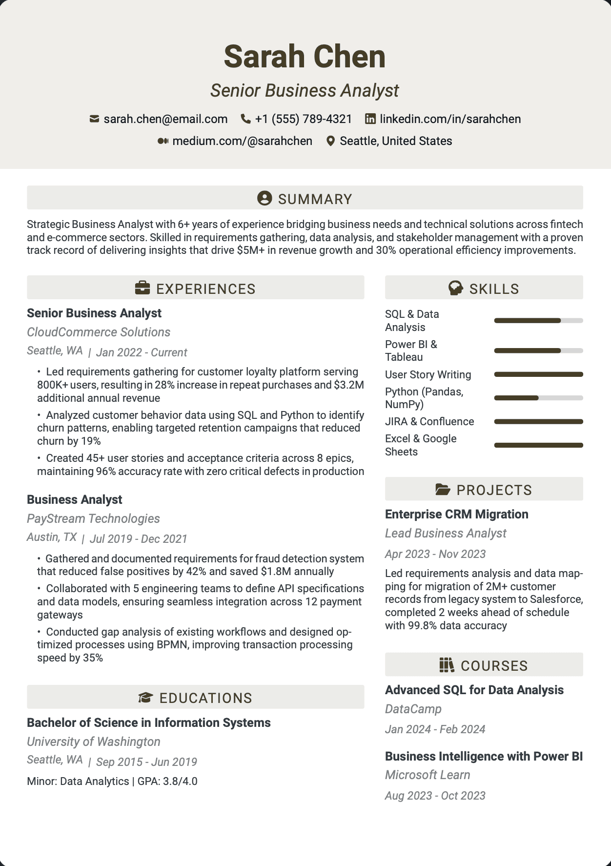 QuickCV Resume Example: Senior Business Analyst