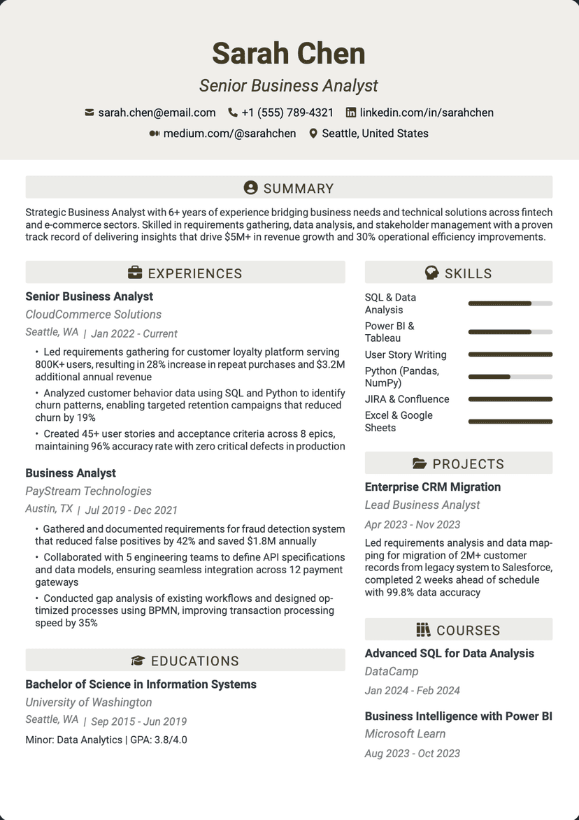 QuickCV - Resume Example: Senior Business Analyst
