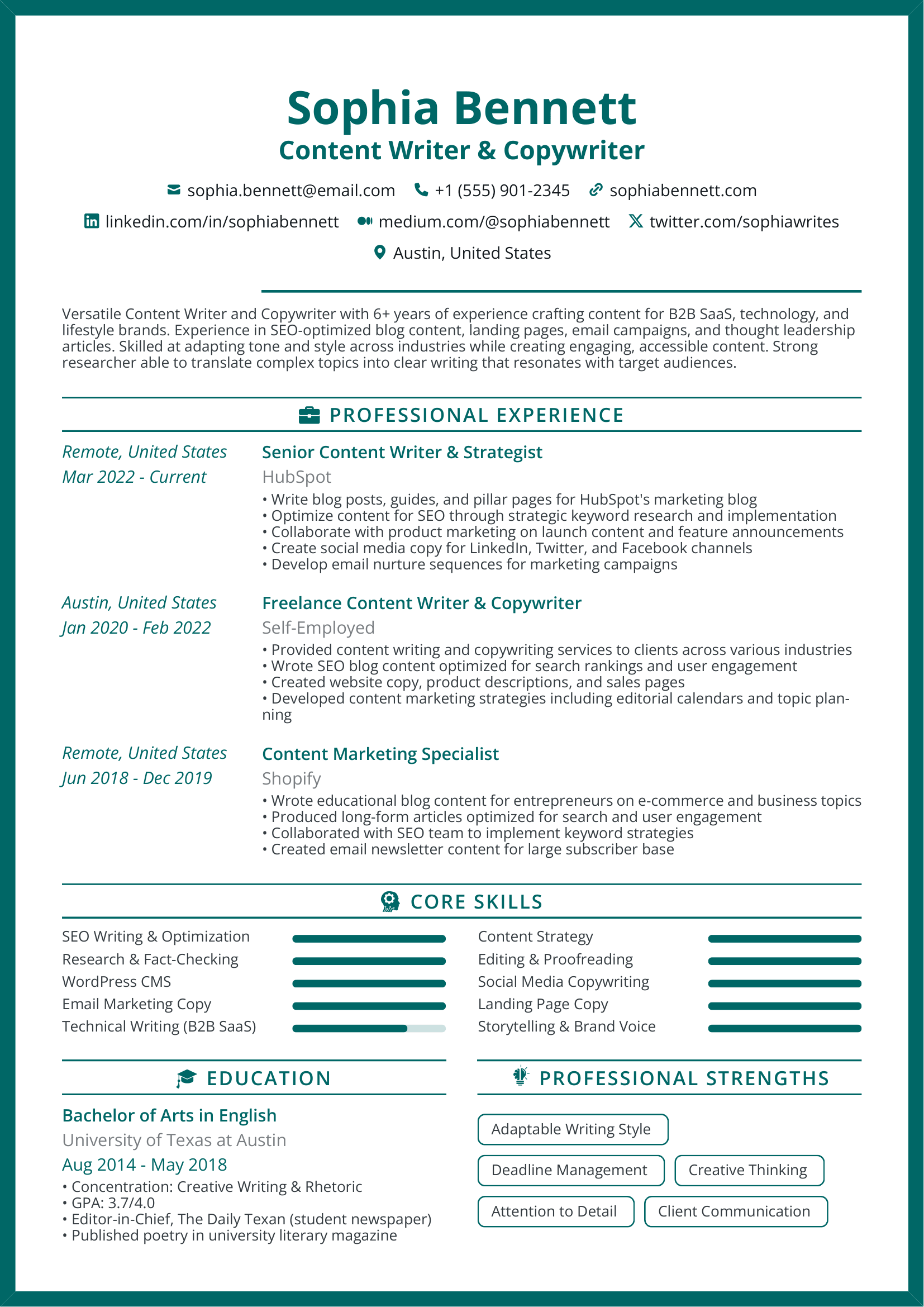 Click to edit Content Writer & Copywriter resume template ATS-optimized Content Writer & Copywriter resume template featuring content writer, copywriter, SEO writer skills with professional formatting and measurable achievements