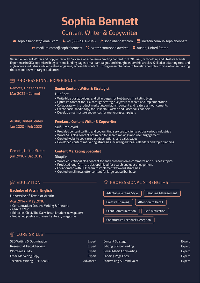 Professional Sophia Bennett - Content Writer & Copywriter resume template - ATS friendly