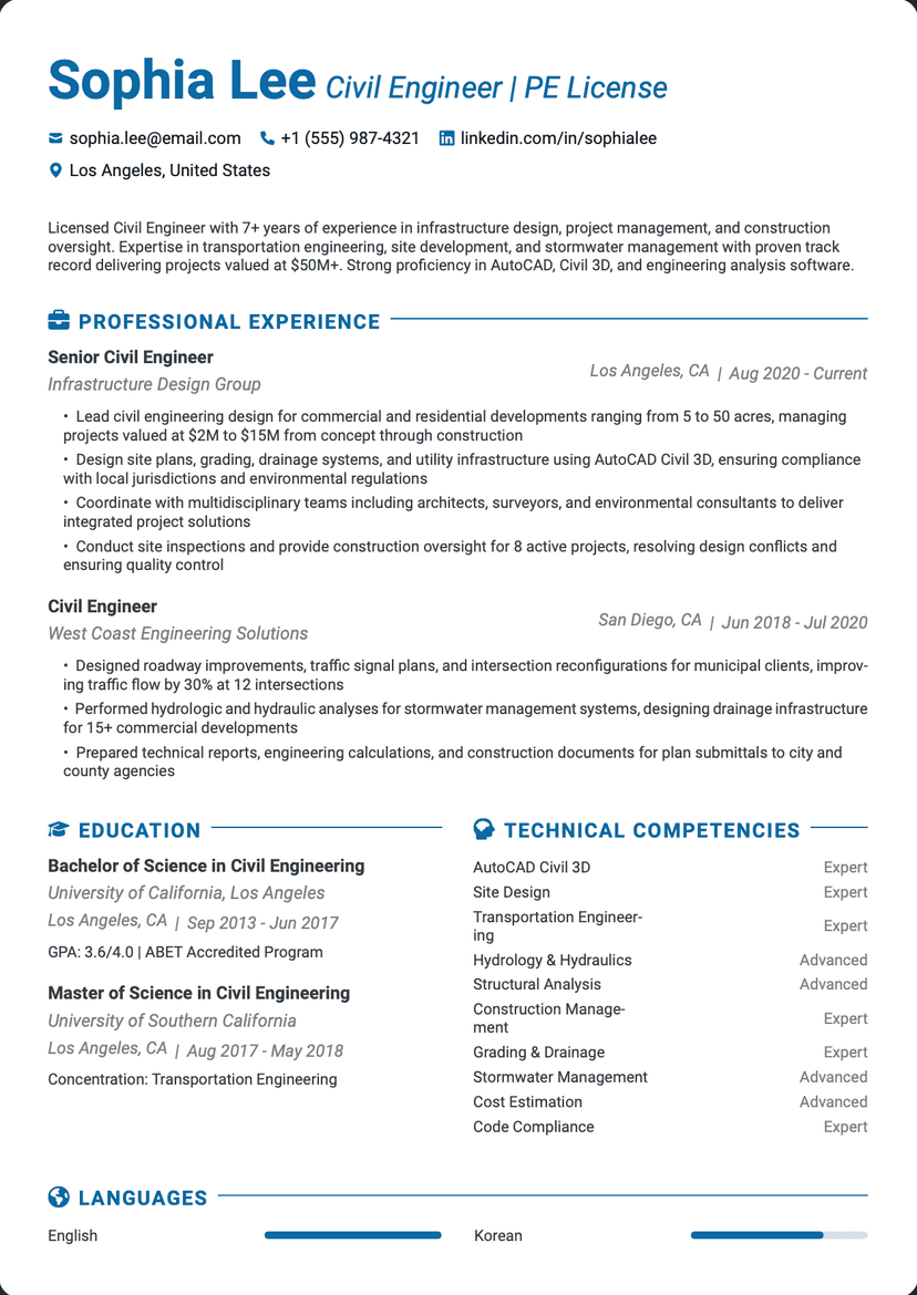 QuickCV - Resume Example: Civil Engineer | PE Licensed