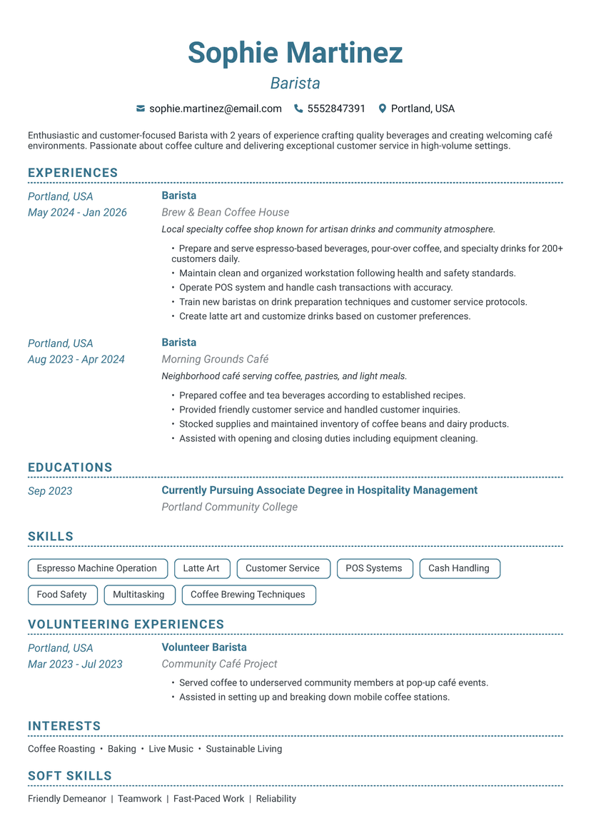 Professional Sophie Martinez - Barista resume template - ATS friendly